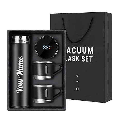 Name Printed Double Wall Stainless Steel Thermo 800ml, Temperature Touch Display Hot & Cold Bottle, Vacuum Insulated Flask Diwali Gift Set with Two Cups (Temp-Vacuum) thumbnail 4