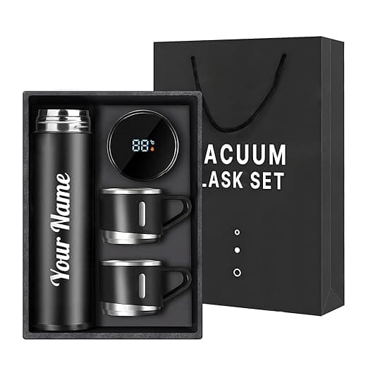 Name Printed Double Wall Stainless Steel Thermo 800ml, Temperature Touch Display Hot & Cold Bottle, Vacuum Insulated Flask Diwali Gift Set with Two Cups (Temp-Vacuum) thumbnail 3