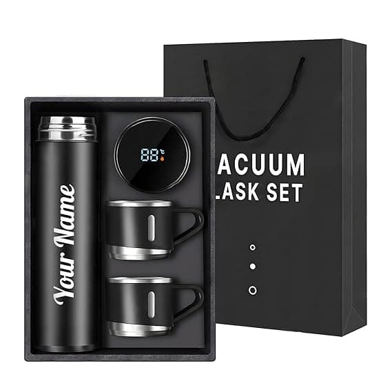 Name Printed Double Wall Stainless Steel Thermo 800ml, Temperature Touch Display Hot & Cold Bottle, Vacuum Insulated Flask Diwali Gift Set with Two Cups (Temp-Vacuum) thumbnail 2