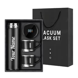 Name Printed Double Wall Stainless Steel Thermo 800ml, Temperature Touch Display Hot & Cold Bottle, Vacuum Insulated Flask Diwali Gift Set with Two Cups (Temp-Vacuum)
