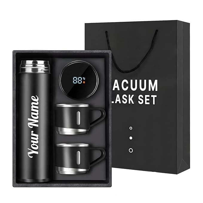Name Printed Double Wall Stainless Steel Thermo 800ml, Temperature Touch Display Hot & Cold Bottle, Vacuum Insulated Flask Diwali Gift Set with Two Cups (Temp-Vacuum) product image