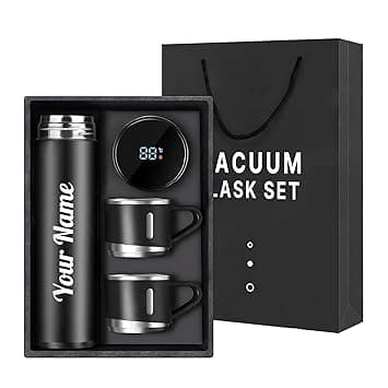 Name Printed Double Wall Stainless Steel Thermo 800ml, Temperature Touch Display Hot & Cold Bottle, Vacuum Insulated Flask Diwali Gift Set with Two Cups (Temp-Vacuum) thumbnail 7