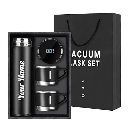 Name Printed Double Wall Stainless Steel Thermo 800ml, Temperature Touch Display Hot & Cold Bottle, Vacuum Insulated Flask Diwali Gift Set with Two Cups (Temp-Vacuum) thumbnail 5