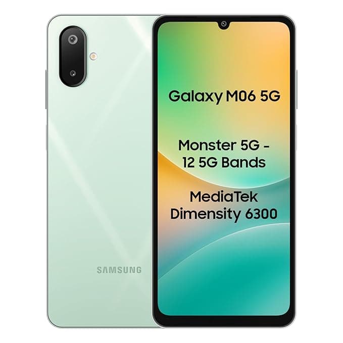 Samsung Galaxy M06 5G (Sage Green, 4GB RAM, 128 GB Storage) | MediaTek Dimensity 6300 | AnTuTu Score 422K+ | 12 5G Bands| 25W Fast Charging | 4 Gen of OS Upgrades | Without Charger thumbnail 1