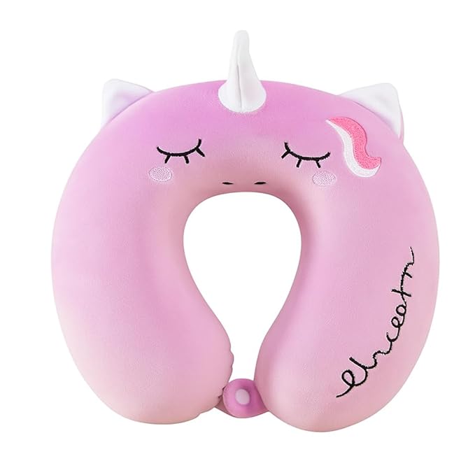 Kids Travel Unicorn Neck Pillow | Soft U-Shaped Neck & Head Support Cushion for Car, Flight & Train | Comfortable Portable Pillow for Ages 5+ Children | Color: Purple