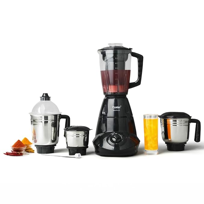 Prestige Iris 750 Watt Mixer Grinder with 4 Jars (3 Stainless Steel + 1 Juicer) | Super Efficient SS Blades | Black | 2Y Warranty | ISI Certified - Image 1