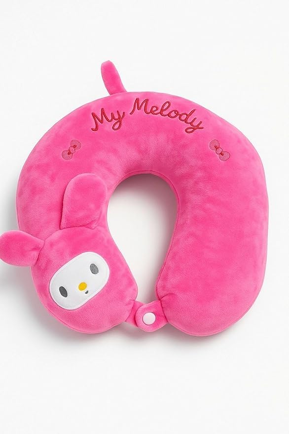 Kids Travel My Melody Neck Pillow | Soft Plush U Shaped Neck & Head Support Girls Cushion with Memory Foam Fiber for Car Flight & Train | Suitable for Ages 5+ Children (Dark Pink, Pack of 1)