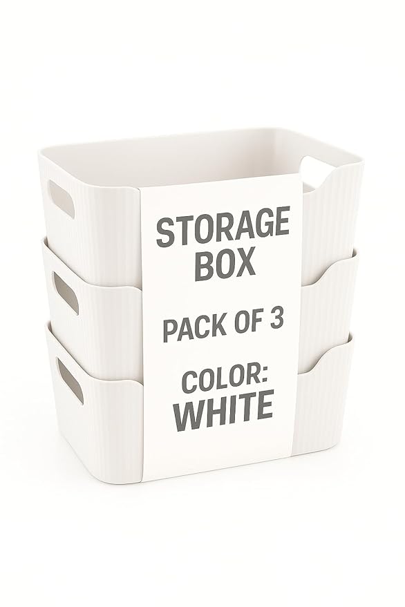 Zuku Storage Box Basket for Storage Plastic Organiser for Storage Bathroom Storage Box Small Plastic Organiser Bathroom Basket Boxes for Toys,Cosmetic,Accessory (White,3Pcs)