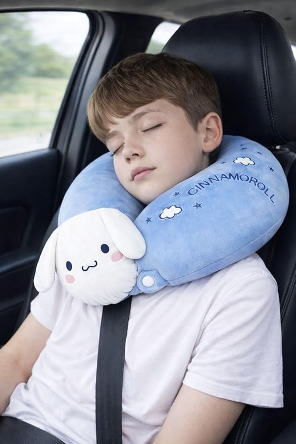 Kids Travel Cinnamoroll Neck Pillow | U-Shaped Head & Neck Support Cushion with Memory Foam Fiber | Comfortable Pillow for Car, Flight & Train | Suitable for 5+ Ages Children (White & Blue)