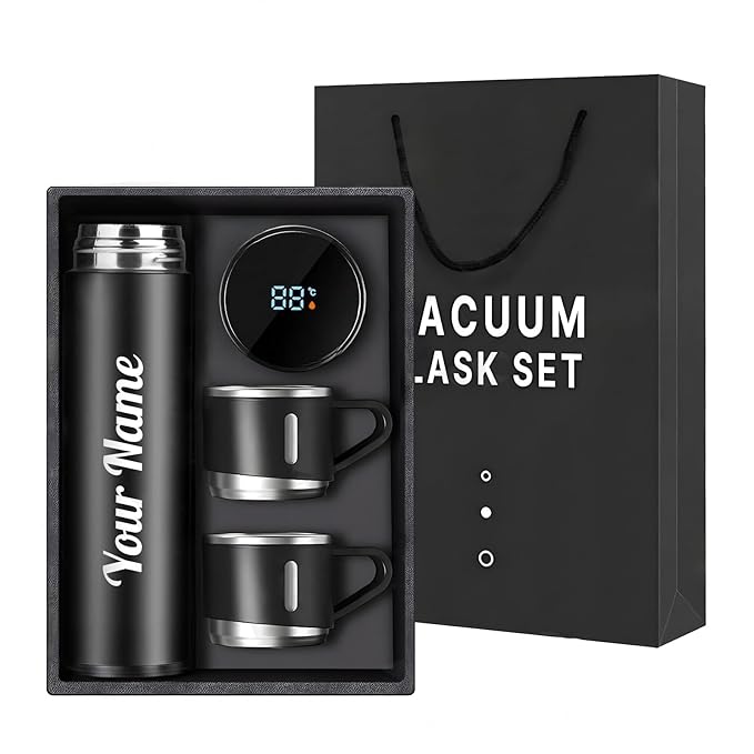 Name Printed Double Wall Stainless Steel Thermo 800ml, Temperature Touch Display Hot & Cold Bottle, Vacuum Insulated Flask Diwali Gift Set with Two Cups (Temp-Vacuum) - Image 1