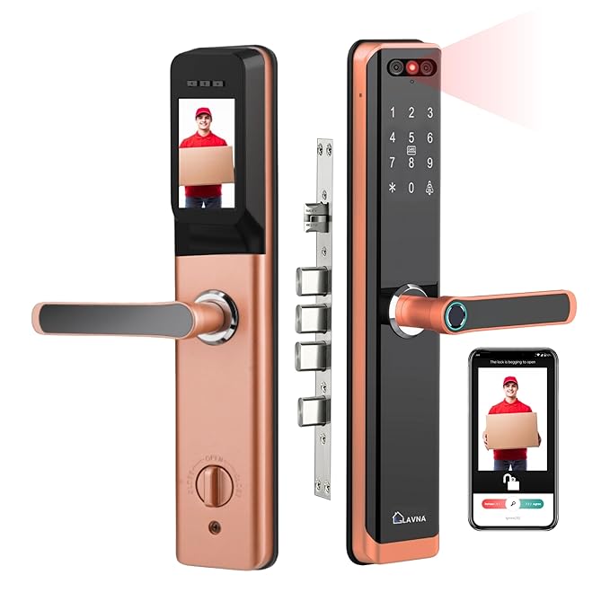 LAVNA Smart Door Lock | 8 Way Unlock | Face, Fingerprint, Mobile App, WiFi + Bluetooth, Card, OTP, PIN and Key Access | Built-in Camera N Screen | 5 Bolts | fit with Wooden Doors (LA24 Face Gold)