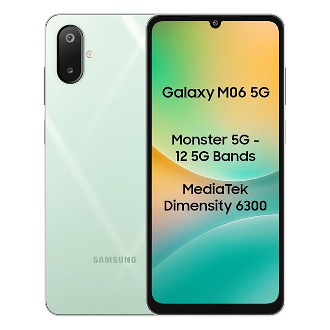 Samsung Galaxy M06 5G (Sage Green, 4GB RAM, 128 GB Storage) | MediaTek Dimensity 6300 | AnTuTu Score 422K+ | 12 5G Bands| 25W Fast Charging | 4 Gen of OS Upgrades | Without Charger - Image 1