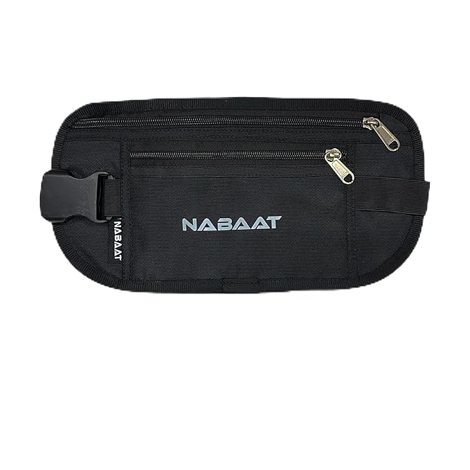 NABAAT Polyester Money Belt for Men and Women, Travel Passport Hidden Waist Bag Pouch for Cash, Passport, Mobile, Credit/Debit Card and Travel Documents - Safe and Secure for Travel (Black, WB-3)
