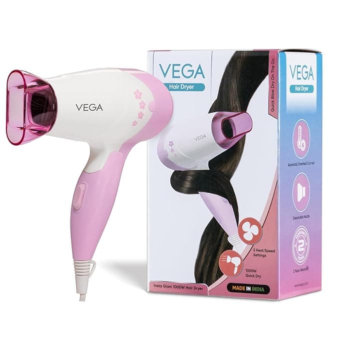 VEGA Insta Glam Foldable 1000-1200Watts Hair Dryer for Men & Women, 2 Heat & 1 Speed Settings (Low & High), Perfect Blow Dry & Style, Compact Hair Dryer for Travel & Home Use (VHDH-20) Made In India VEGA Insta Glam Foldable 1000-1200Watts Hair Dryer for Men & Women, 2 Heat & 1 Speed Settings (Low & High), Perfect Blow Dry & Style, Compact Hair Dryer for Travel & Home Use (VHDH-20) Made In India