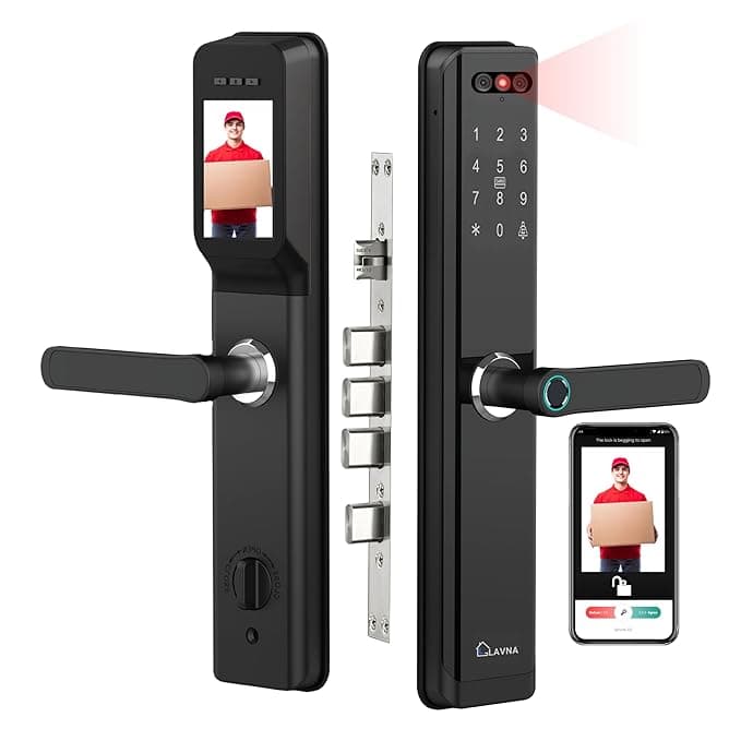 LAVNA Smart Door Lock | 8 Way Unlock | Face, Fingerprint, Mobile App, WiFi + Bluetooth, Card, OTP, PIN and Key Access | Built-in Camera N Screen | 5 Bolts | fit with Wooden Doors (LA24 Face Black) LAVNA Smart Door Lock | 8 Way Unlock | Face, Fingerprint, Mobile App, WiFi + Bluetooth, Card, OTP, PIN and Key Access | Built-in Camera N Screen | 5 Bolts | fit with Wooden Doors (LA24 Face Black)