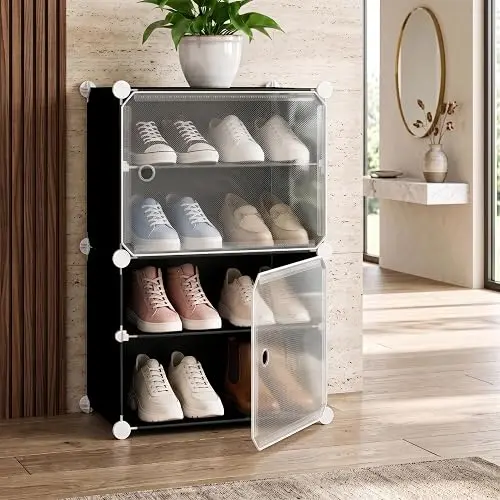 amazon basics DIY Foldable Shoe Rack | 4 Layer Plastic Shoes Rack with Door Cover | Multipurpose Stand for Home &