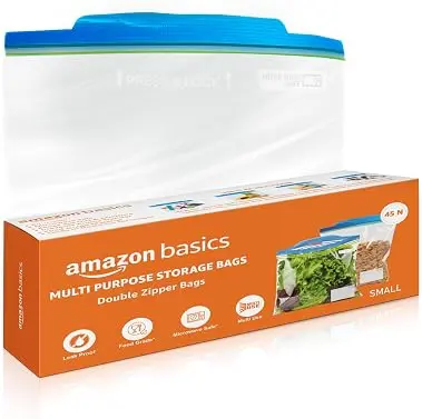 Amazon Basics - Multipurpose Storage Duble zipper Bags | 45 Count | Small | 21.3 x 20.5 cm