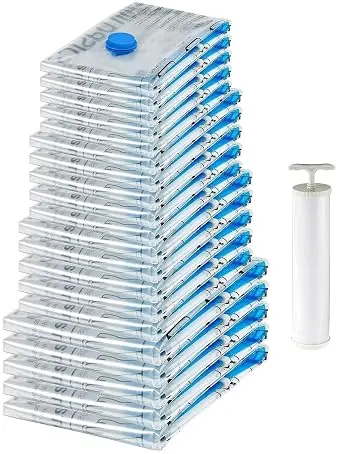 amazon basics Plastic Vacuum Compression Zipper Storage Bags With Hand Pump,20 Pack(5 Small,5 Medium,5 Large&5