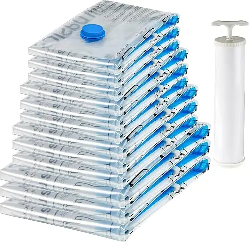 amazon basics Vacuum Compression Storage Bags with Hand Pump - 12-Pack (3 Jumbo, 3 Large, 3 Medium, 3 Small), Plastic