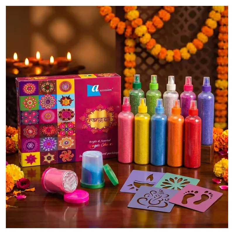 Ascension ten rangoli colour bottles with four stencils and two fillers