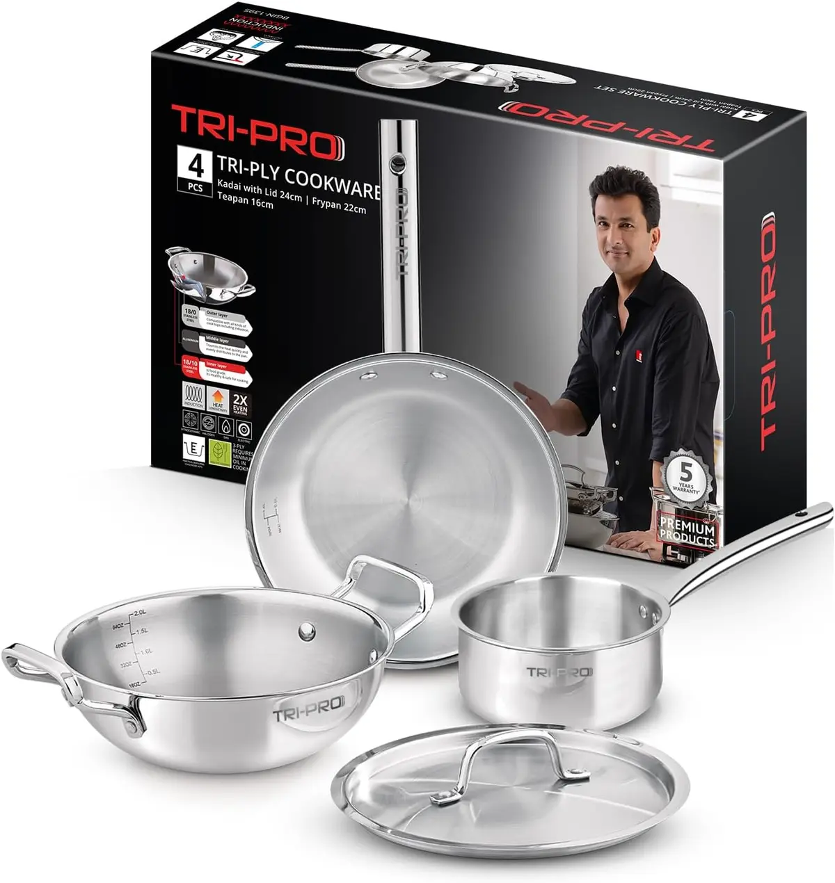 Bergner Tripro Triply 4-Piece Cookware Set Bergner Tripro triply stainless steel set with 24 cm kadai, lid, fry pan and tea pan