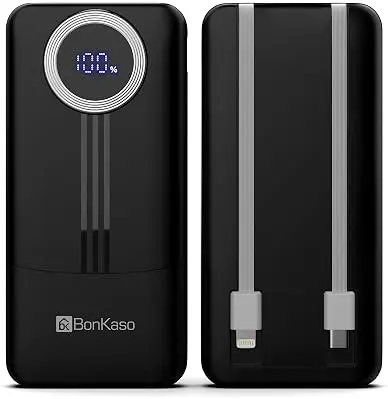 BonKaso 10000mAh Power Bank BonKaso 10000mAh black power bank featuring a digital display and built-in Type-C and Lightning cables.