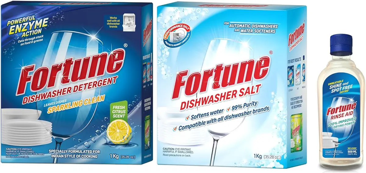 Fortune Dishwasher Starter Combo (Detergent, Salt and Rinse Aid) Fortune dishwasher starter combo with detergent salt and rinse aid