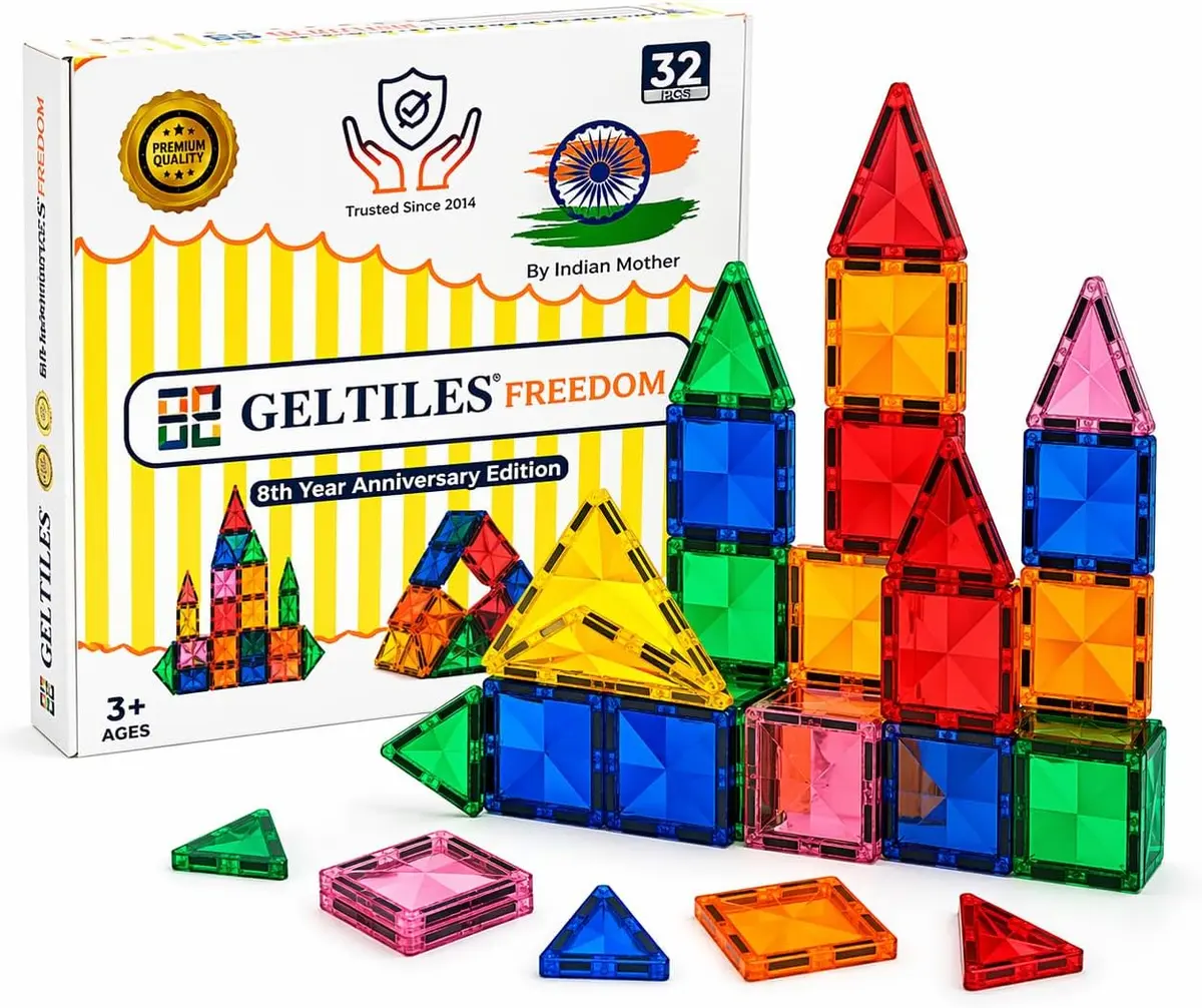 GELTILES Magnetic Tiles (32 Pieces) GELTILES 32-piece coloured magnetic tiles built into a tower and shapes