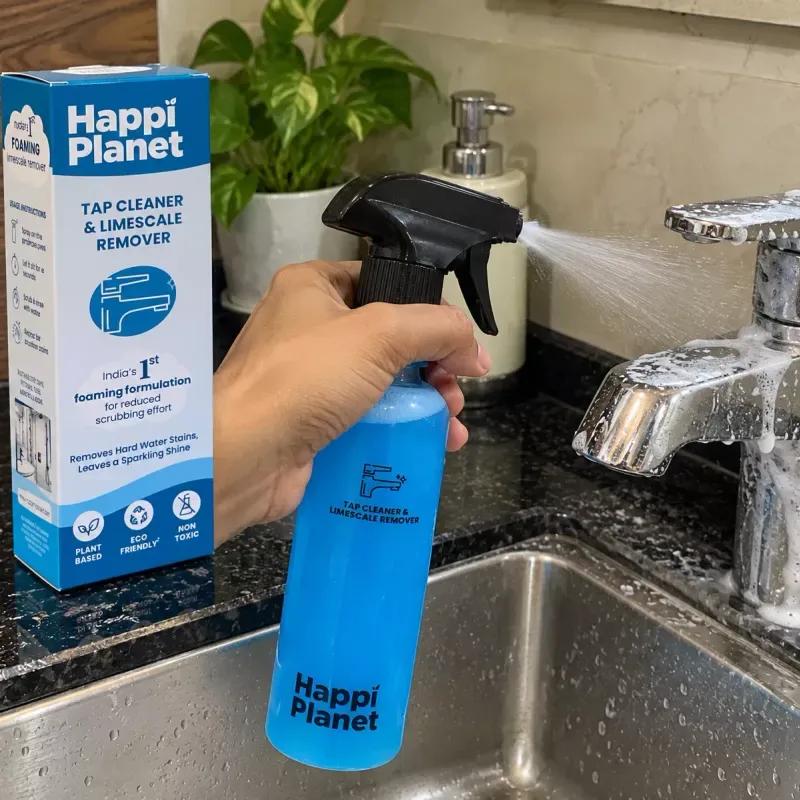 Happi Planet Tap Cleaner & Limescale Remover (500 ml) Happi Planet limescale remover foam on a chrome kitchen tap
