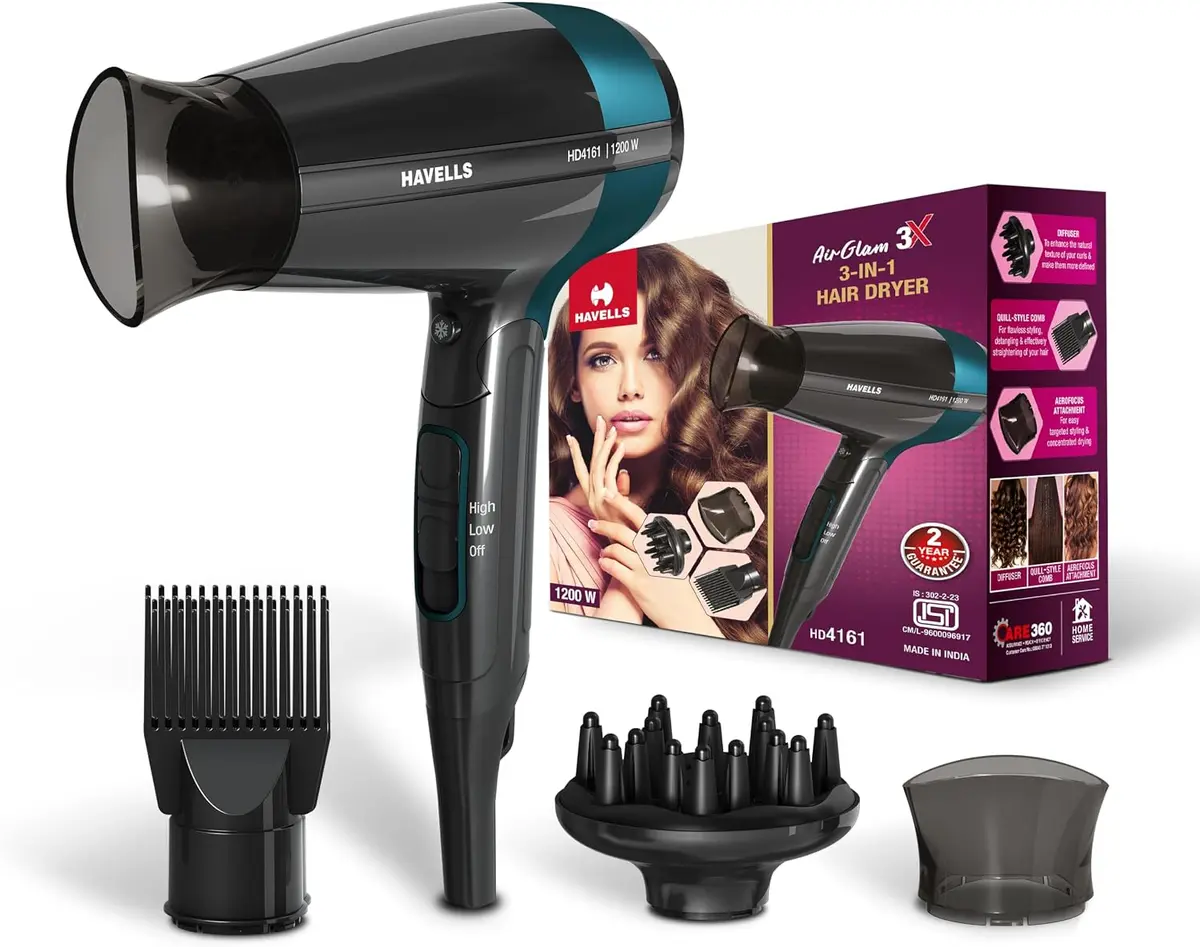Havells HD4161 Styling Hair Dryer with Diffuser Havells HD4161 foldable hair dryer with diffuser, quill comb and nozzle attachments