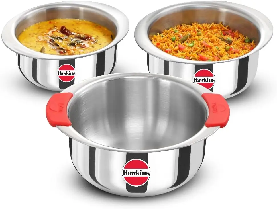 Hawkins three-piece triply stainless steel patila set, stacked, with silicone grips