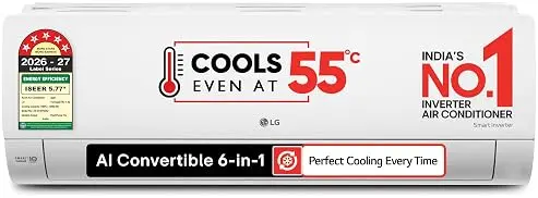LG 1.42 Ton 5 Star Inverter Split AC LG 1.42 Ton inverter split AC in white with a minimalist indoor unit featuring a central display and side vents.