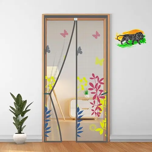 LifeKrafts Polyester Door Mosquito Net with Magnets | Color Floral Pattern with Grey Background | Mosquito Curtain for