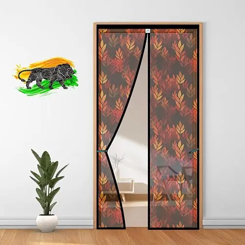 LifeKrafts Polyester Magnetic Door Mosquito Net | Leaf Pattern with Black/Blue | Auto-Close Curtain to Keep Mosquitoes