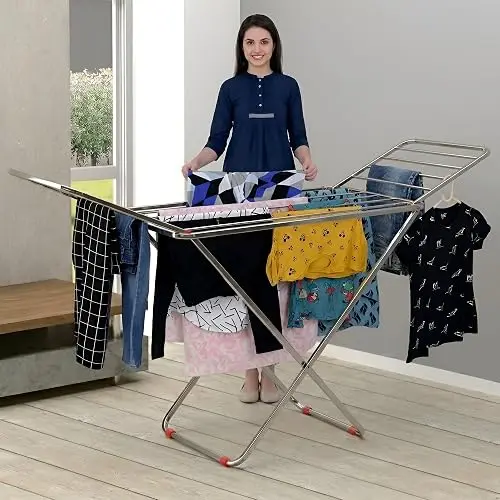 LiMETRO STEEL Stainless Steel Foldable Cloth Dryer Stand Double Rack Cloth Stands for Drying Clothes Steel (Cross)