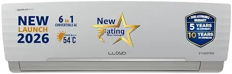 Lloyd 1.5 Ton 3 Star Inverter Split AC Lloyd 1.5 Ton inverter split AC, white wall-mounted indoor unit with a clean design and digital temperature display.