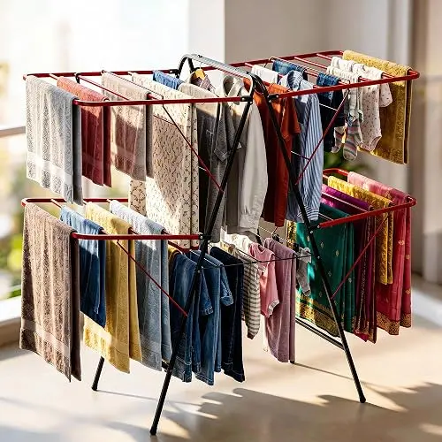 Minky Extra Large Heavy Duty Cloth Drying Stand | 56-Inch Wide Multi-Wing Foldable Clothes Airer | 24 Rods High Load