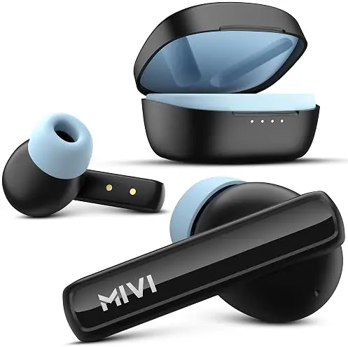Mivi DuoPods Sync Mivi DuoPods Sync wireless earbuds in a sleek charging case with an LED indicator and ergonomic design.