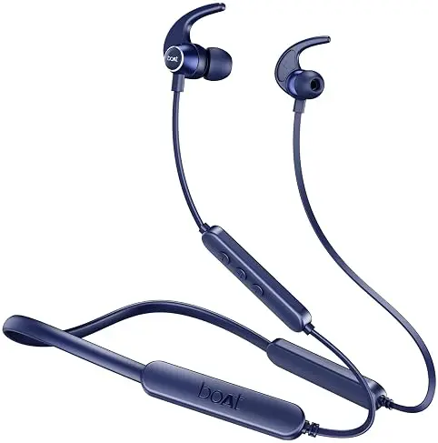 boAt Rockerz 255 Pro+ Navy blue boAt Rockerz 255 Pro+ wireless neckband earphones with magnetic earbuds and control buttons.