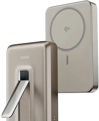 Noise Qi2 Certified MagSafe Power Bank Noise Qi2 certified 10000mAh magnetic wireless power bank in metallic titanium with a built-in stand.