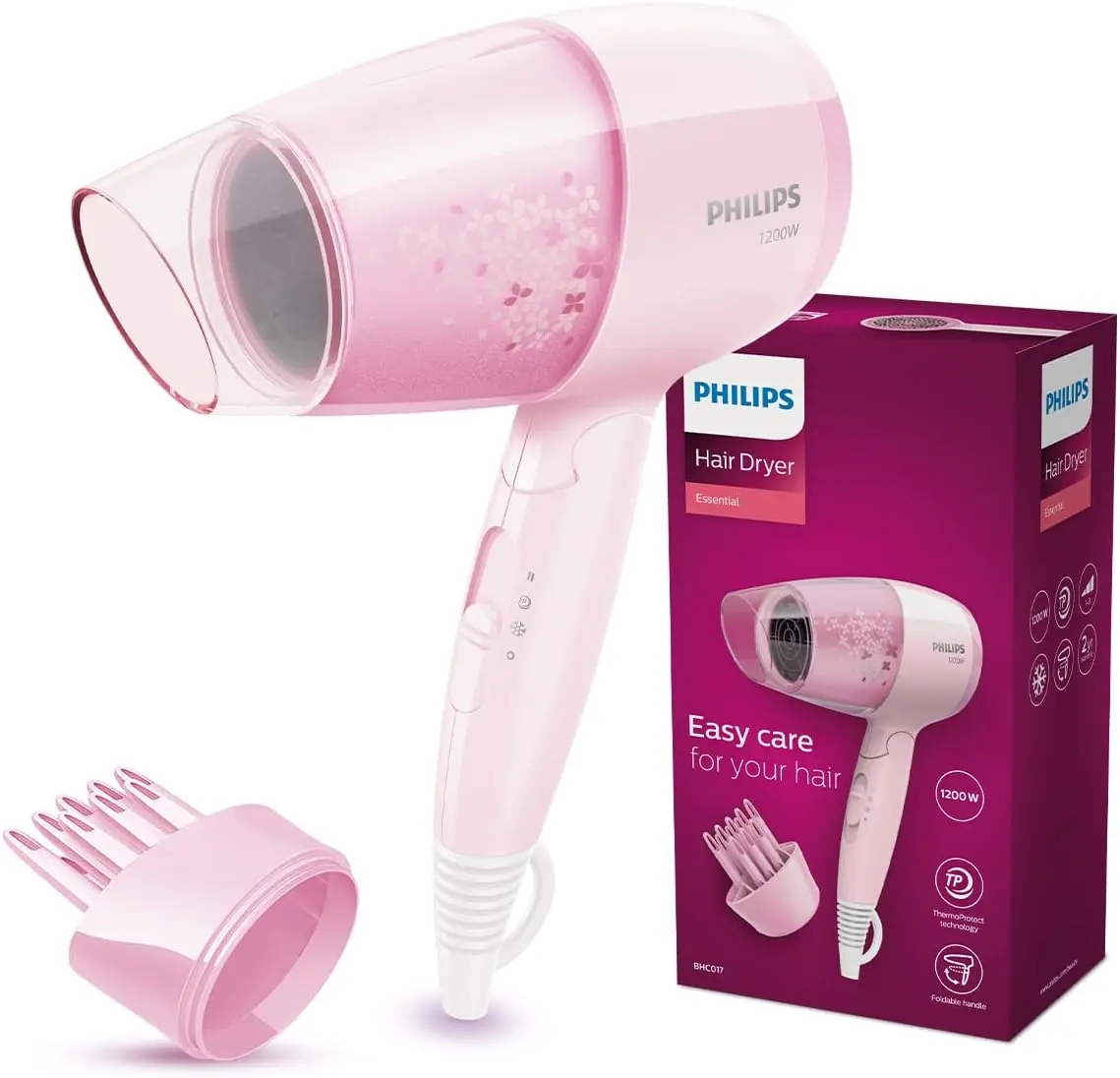 Philips BHC017 ThermoProtect Hair Dryer with Diffuser Philips BHC017 pink foldable hair dryer with diffuser attachment