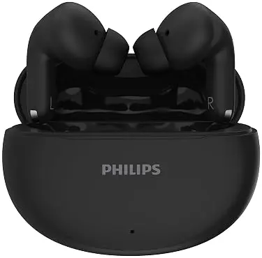 Philips TAT1269 Philips TAT1269 truly wireless earbuds in Deep Black featuring an in-ear design and a compact charging case.