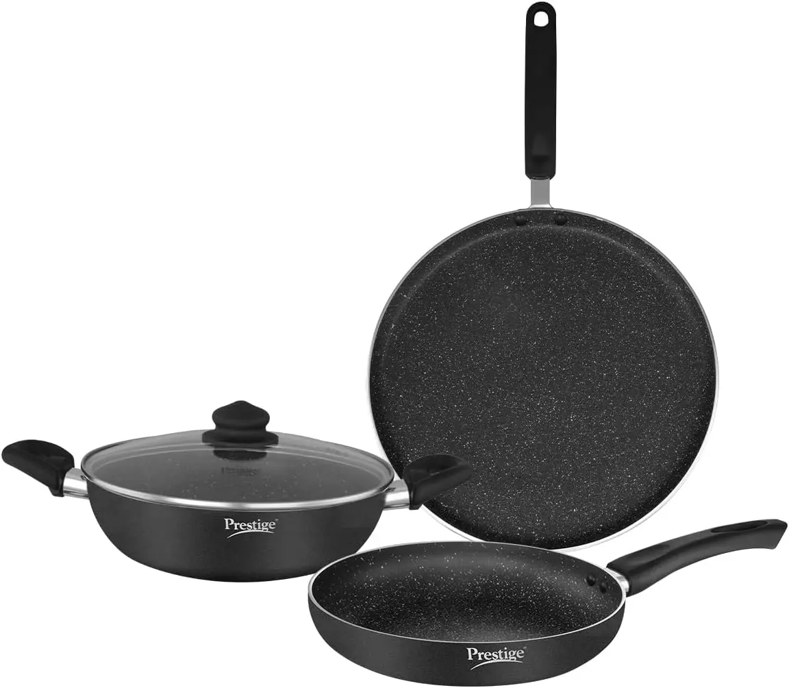 Prestige Omega Deluxe Granite Non-Stick 3-Piece Set Prestige Omega Deluxe granite non-stick tawa, fry pan and kadai with glass lid