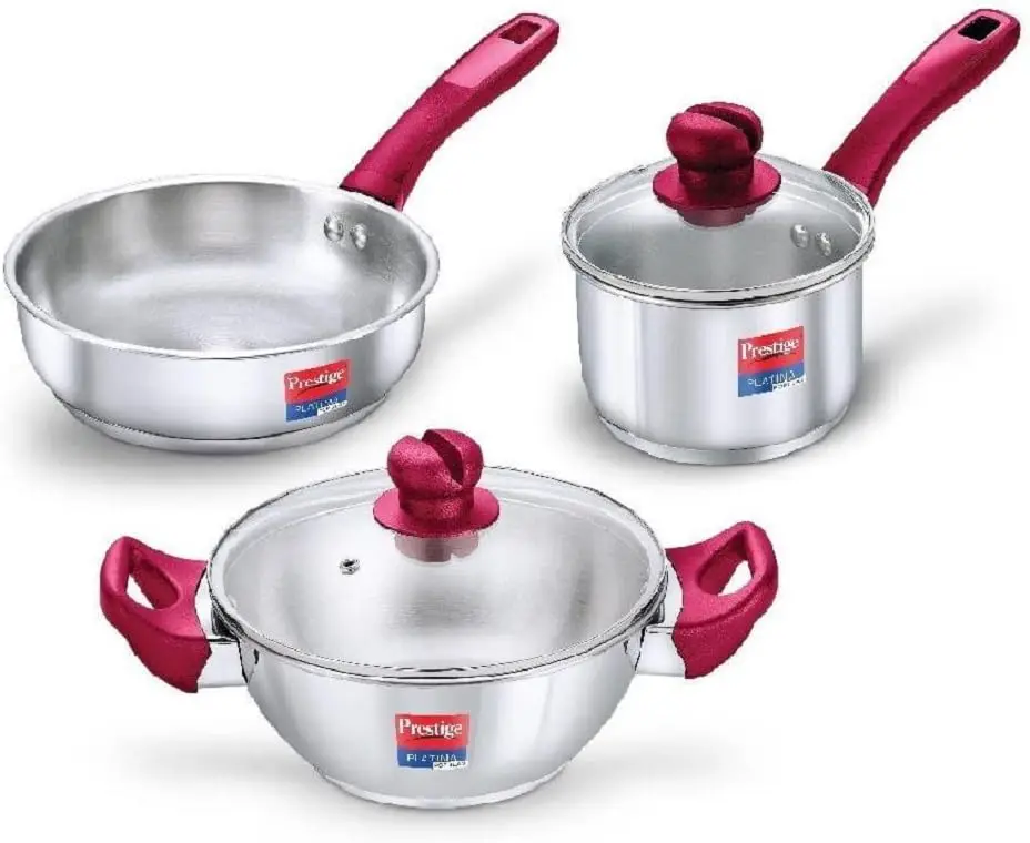 Prestige Platina Popular Stainless Steel 3-Piece Set with Glass Lids Prestige Platina Popular stainless steel fry pan, kadai and saucepan with glass lids