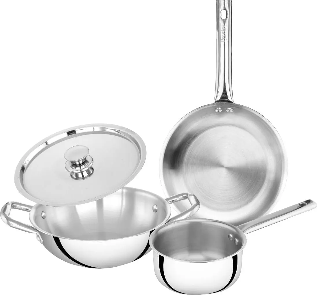 Prestige Triply Splendid 4-Piece Cookware Set Prestige Triply Splendid four-piece stainless steel cookware set with kadai, fry pan, saucepan and lid
