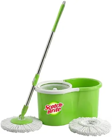 Scotch-Brite Twin Bucket Spin Mop with Easy Wring & Rinse System, 360° Adjustable Handle, High Absorbency Microfiber for