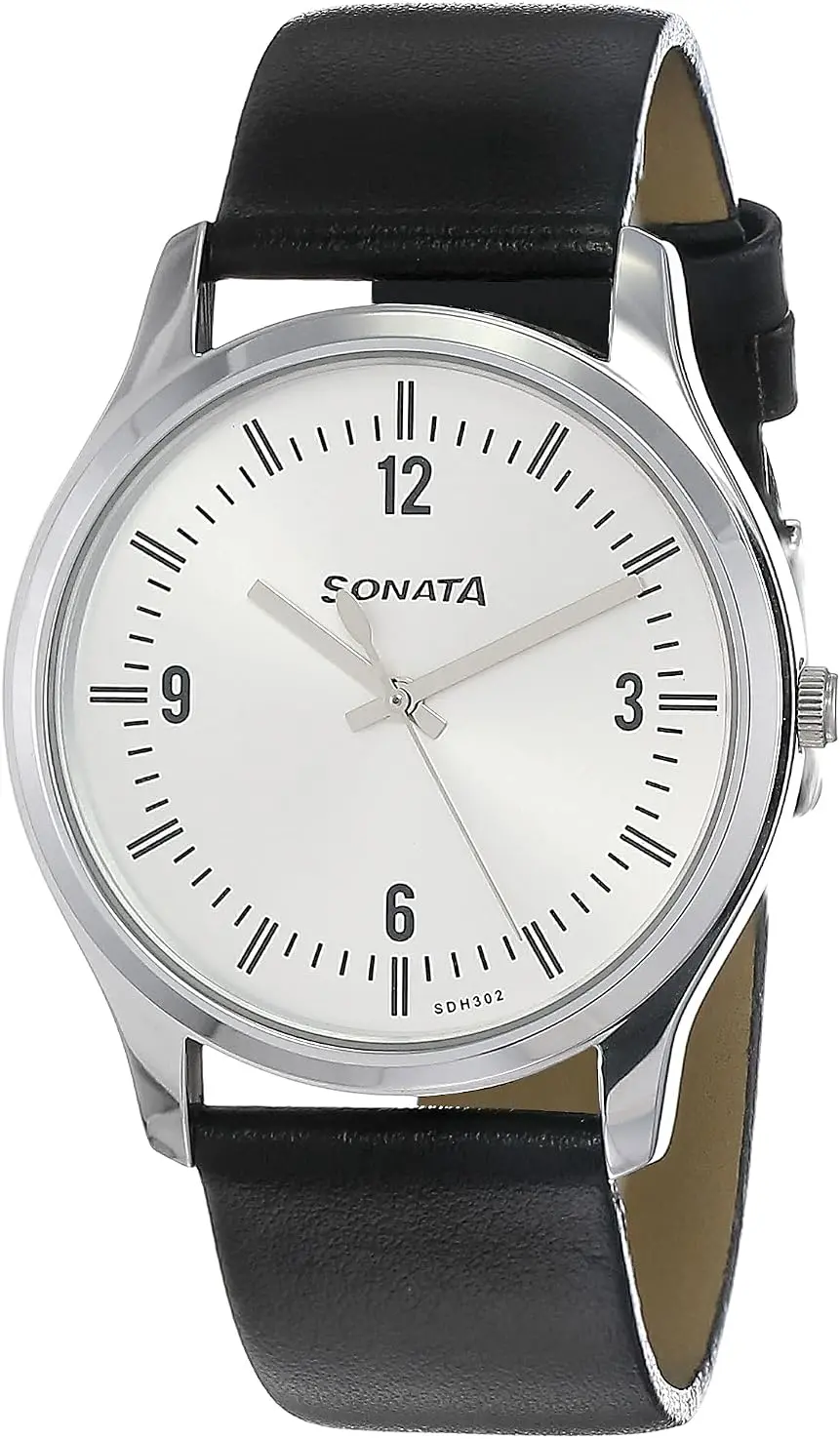 Sonata Essentials Silver Dial Black Leather Watch (NM77082SL01) Sonata Essentials men's watch with 38 mm silver dial and black leather strap