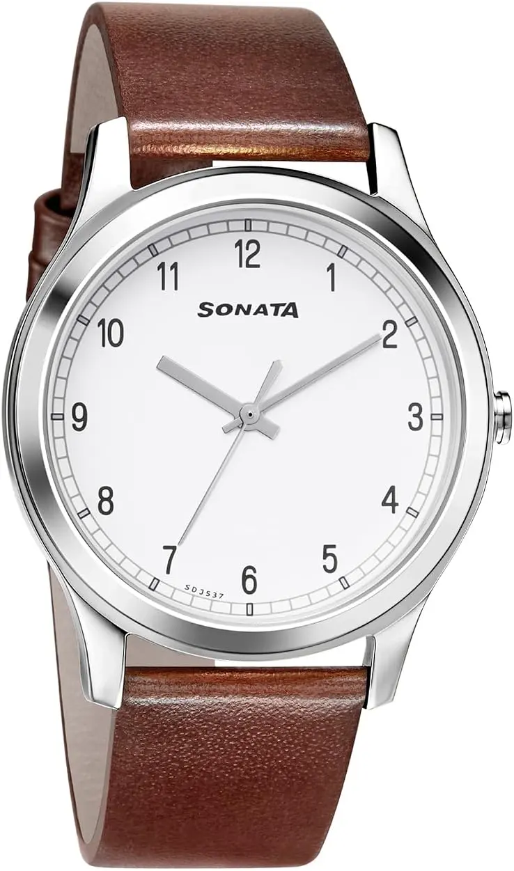Sonata White Dial Brown Leather Watch (NT7135SL03) Sonata men's watch with white dial and brown leather strap