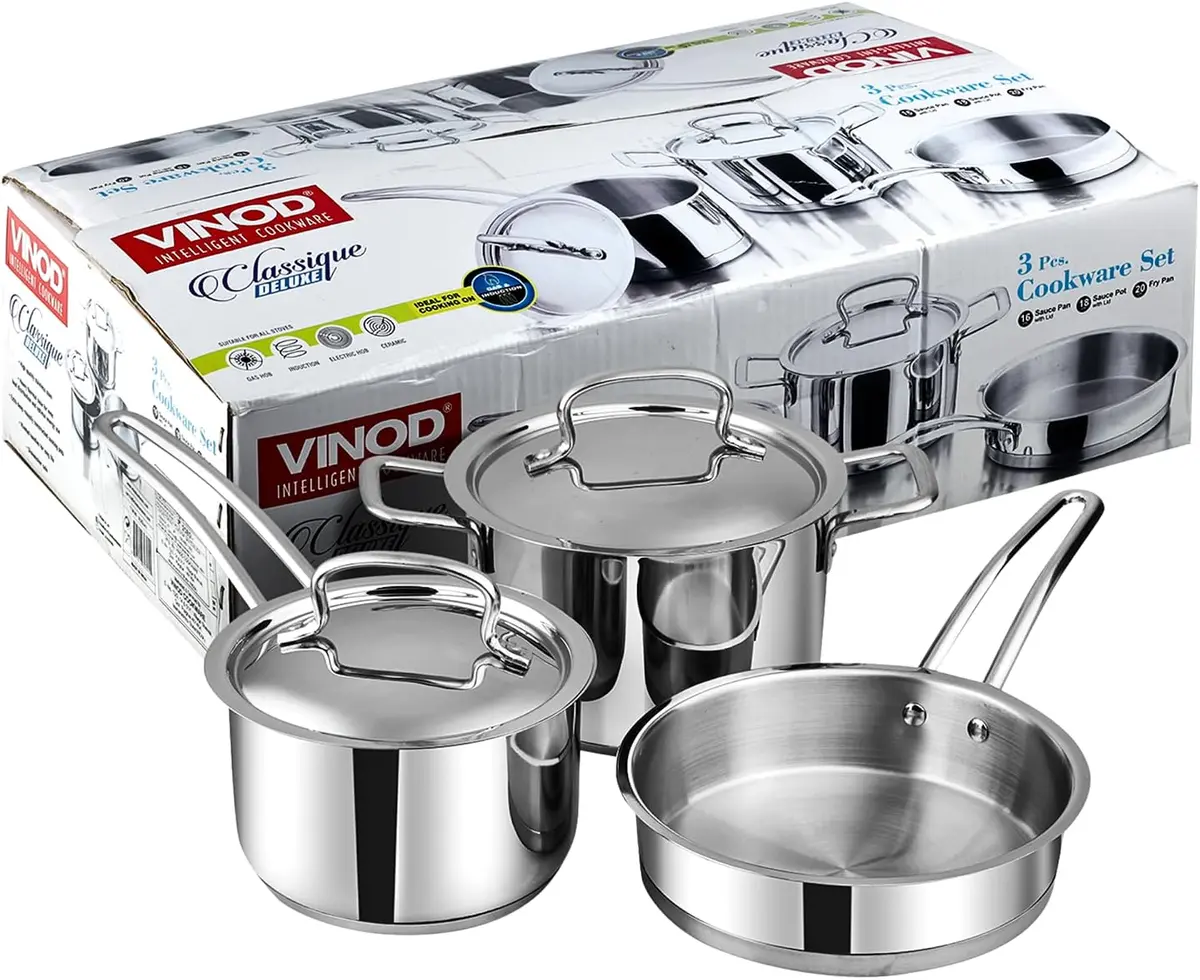 Vinod Classique Deluxe 5-Piece Stainless Steel Set Vinod Classique Deluxe stainless steel saucepan, saucepot and frypan with lids